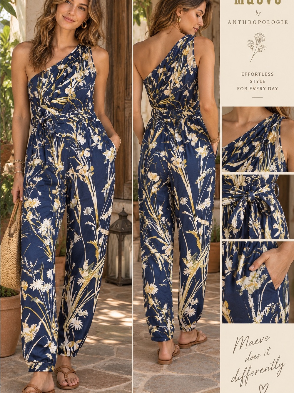 Anthropologie Maeve Bird Floral Keaton One Shoulder Jumpsuit Size S #1244CL
